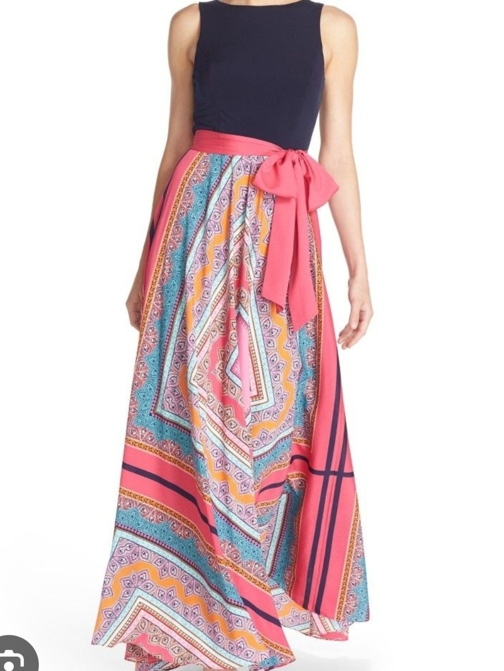 Eliza J Pink Multi-Print Maxi Skirt with Coral Tie Waist